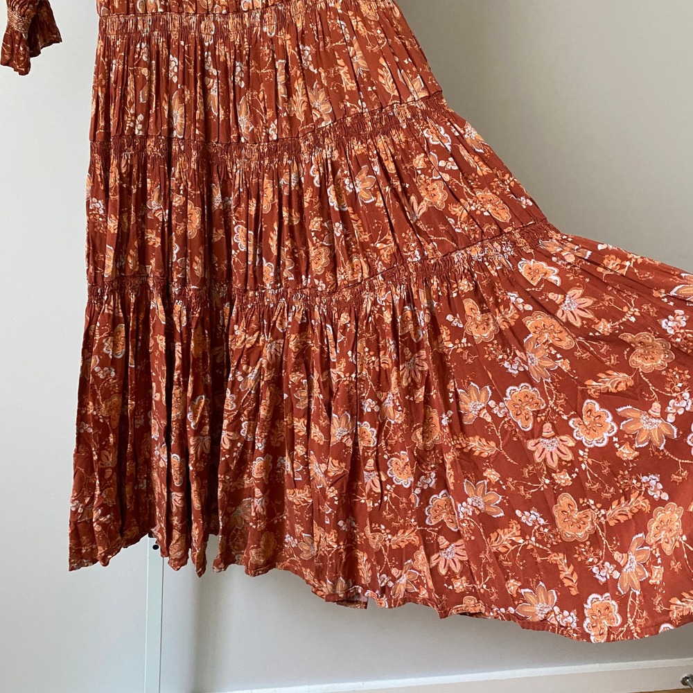 Free‎ People Boho Coastal Smocked Floral Tiered Maxi Dress Small Rust - Picture 3 of 7